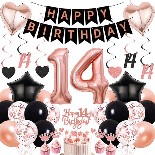 Deko 14. Geburtstag Mädchen Rosegold Schwarz - 14 Geburtstagsdeko Luftballons Happy Birthday Girlande Tortendeko, Riesen Zahlen Ballons und Hängende Wirbel zum 14 Jahr Party Dekoration Deko 14. Geburtstag Mädchen Rosegold Schwarz - 14 Geburtstagsdeko Luftballons Happy Birthday Girlande Tortendeko, Riesen Zahlen Ballons und Hängende Wirbel zum 14 Jahr Party Dekoration von Xietaea