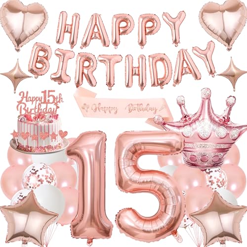 Deko 15. Geburtstag Mädchen Luftballons Rosegold - 15 Geburtstagsdeko Happy Birthday Folienballons Tortendeko, Schärpe und Riesen Zahlenballon 15 für Geburtstagsfeier Dekoration Deko 15. Geburtstag Mädchen Luftballons Rosegold - 15 Geburtstagsdeko Happy Birthday Folienballons Tortendeko, Schärpe und Riesen Zahlenballon 15 für Geburtstagsfeier Dekoration von Xietaea