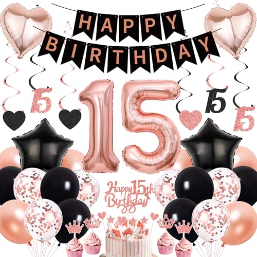 Deko 15. Geburtstag Mädchen Rosegold Schwarz - 15 Geburtstagsdeko Luftballons Happy Birthday Girlande Tortendeko, Riesen Zahlen Ballons und Hängende Wirbel zum 15 Jahr Party Dekoration Deko 15. Geburtstag Mädchen Rosegold Schwarz - 15 Geburtstagsdeko Luftballons Happy Birthday Girlande Tortendeko, Riesen Zahlen Ballons und Hängende Wirbel zum 15 Jahr Party Dekoration von Xietaea