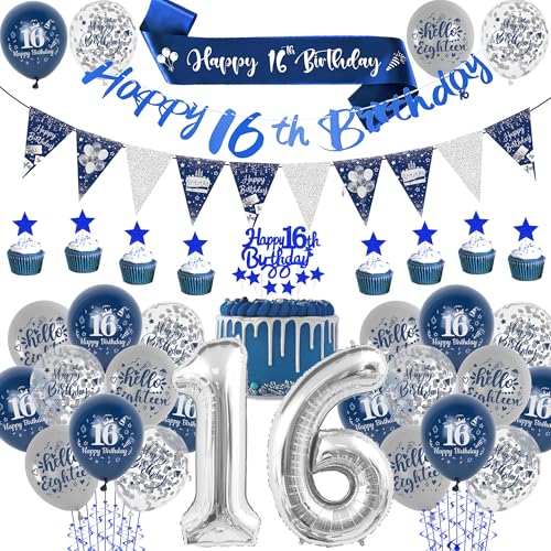 Deko 16. Geburtstag Junge Mädchen – Blau und Silber Luftballons 16 Geburtstagdeko Set Mit Blaue Schärpe Happy Birthday Girlande Silbernen Konfetti-Latexballons für Jungen MäDchen Deko 16. Geburtstag Junge Mädchen – Blau und Silber Luftballons 16 Geburtstagdeko Set Mit Blaue Schärpe Happy Birthday Girlande Silbernen Konfetti-Latexballons für Jungen MäDchen von Xietaea