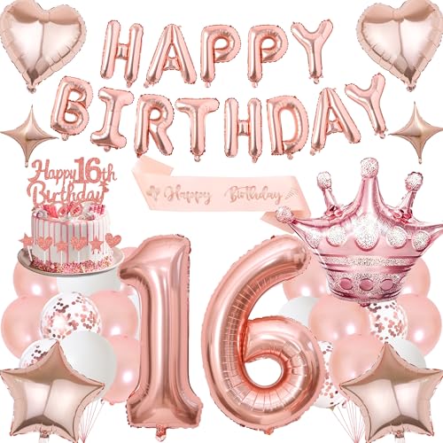 Deko 16. Geburtstag Mädchen Luftballons Rosegold - 16 Geburtstagsdeko Happy Birthday Folienballons Tortendeko, Schärpe und Riesen Zahlenballon 16 für Geburtstagsfeier Dekoration Deko 16. Geburtstag Mädchen Luftballons Rosegold - 16 Geburtstagsdeko Happy Birthday Folienballons Tortendeko, Schärpe und Riesen Zahlenballon 16 für Geburtstagsfeier Dekoration von Xietaea