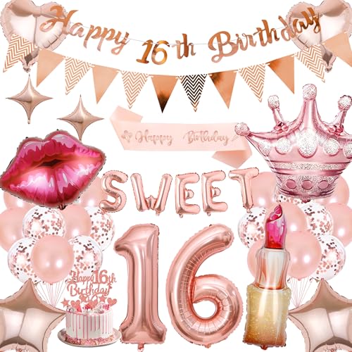 Deko 16. Geburtstag Mädchen Luftballons Rosegold - 16 Geburtstagsdeko Happy Birthday Girlande Tortendeko Schärpe, Sweet 16 Folienballon und Glitzer Wimpel für 16. Geburtstagsfeier Deko 16. Geburtstag Mädchen Luftballons Rosegold - 16 Geburtstagsdeko Happy Birthday Girlande Tortendeko Schärpe, Sweet 16 Folienballon und Glitzer Wimpel für 16. Geburtstagsfeier von Xietaea