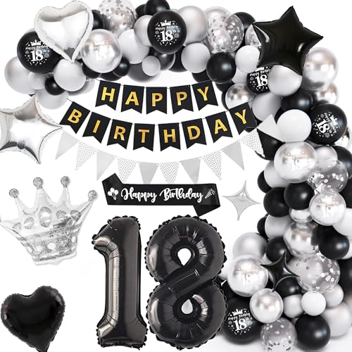 Deko 18. Geburtstag Junge Mädchen - 119 Stück Schwarz Silber Geburtstagsdeko Luftballons Happy Birthday Girlande, Zahlenballon Schärpe und Wimpel für 18 Jahr Geburtstagsfeier Dekoration Deko 18. Geburtstag Junge Mädchen - 119 Stück Schwarz Silber Geburtstagsdeko Luftballons Happy Birthday Girlande, Zahlenballon Schärpe und Wimpel für 18 Jahr Geburtstagsfeier Dekoration von Xietaea