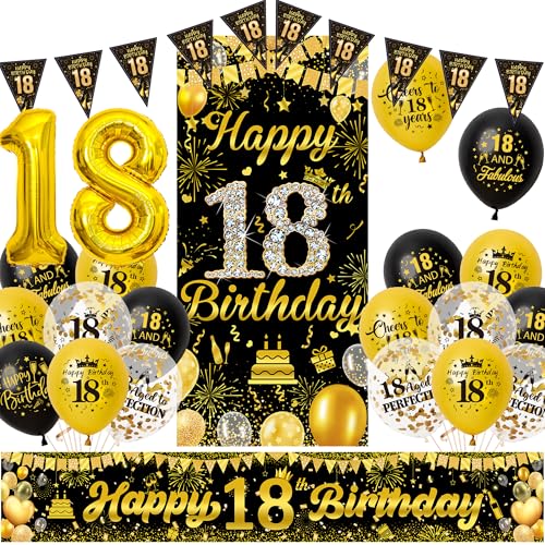 Deko 18. Geburtstag Junge Mädchen - Schwarz Gold 18 Jahr Geburtstagsdeko Banner Luftballons und Wimpel, Stoff Hintergrund XXL Zahlen Ballons für 18 Geburtstagsfeier Dekoration Deko 18. Geburtstag Junge Mädchen - Schwarz Gold 18 Jahr Geburtstagsdeko Banner Luftballons und Wimpel, Stoff Hintergrund XXL Zahlen Ballons für 18 Geburtstagsfeier Dekoration von Xietaea