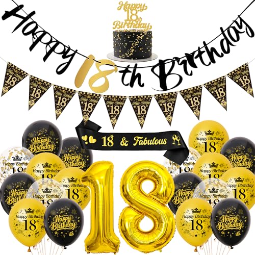 Deko 18. Geburtstag Jungen Mädchen Luftballons - Schwarz Gold Happy Birthday Girlande Tortendeko und Schärpe, XXL Zahlenballon und Wimpel für 18 Geburtstagsfeier Dekoration Deko 18. Geburtstag Jungen Mädchen Luftballons - Schwarz Gold Happy Birthday Girlande Tortendeko und Schärpe, XXL Zahlenballon und Wimpel für 18 Geburtstagsfeier Dekoration von Xietaea