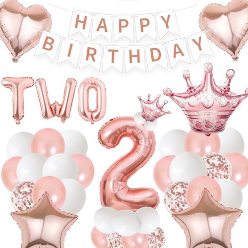 Deko 2. Geburtstag Mädchen Rosegold - Geburtstagsdeko Happy Birthday Banner Luftballons und Foto Girlande, Riesen Folienballon Zahl 1 für Kindergeburtstag Party Dekoration von Xietaea