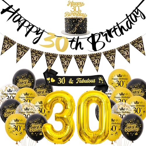 Deko 30. Geburtstag Frau Mann Luftballons - Schwarz Gold Happy Birthday Girlande Tortendeko und Schärpe, XXL Zahlenballon und Wimpel für 30 Geburtstagsfeier Dekoration Deko 30. Geburtstag Frau Mann Luftballons - Schwarz Gold Happy Birthday Girlande Tortendeko und Schärpe, XXL Zahlenballon und Wimpel für 30 Geburtstagsfeier Dekoration von Xietaea