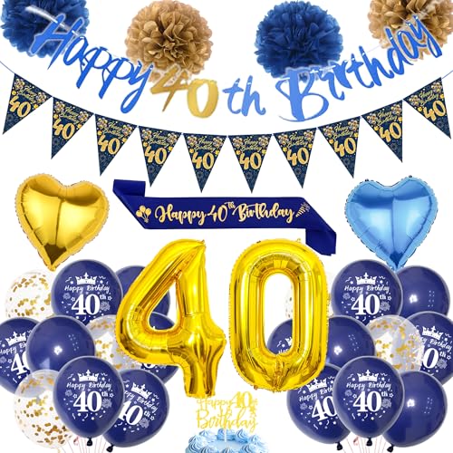 Deko 40. Geburtstag Mann Blau Gold - 40 Geburtstagsdeko Luftballons Happy Birthday Girlande Tortendeko, Wimpel Schärpe und Papier Pompons für 40. Geburtstagsfeier Dekoration Deko 40. Geburtstag Mann Blau Gold - 40 Geburtstagsdeko Luftballons Happy Birthday Girlande Tortendeko, Wimpel Schärpe und Papier Pompons für 40. Geburtstagsfeier Dekoration von Xietaea