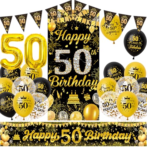 Deko 50. Geburtstag Mann Frau - Schwarz Gold 50 Jahr Geburtstagsdeko Banner Luftballons und Wimpel, Stoff Hintergrund XXL Zahlen Ballons für 50 Geburtstagsfeier Dekoration Deko 50. Geburtstag Mann Frau - Schwarz Gold 50 Jahr Geburtstagsdeko Banner Luftballons und Wimpel, Stoff Hintergrund XXL Zahlen Ballons für 50 Geburtstagsfeier Dekoration von Xietaea