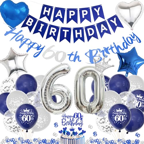 Deko 60. Geburtstag Mann Blau Silber - 60 Geburtstagsdeko Luftballons Happy Birthday Girlande Tortendeko, Riesen Zahlenballon und Konfetti zum 60. Geburtstagsfeier Dekoration von Xietaea