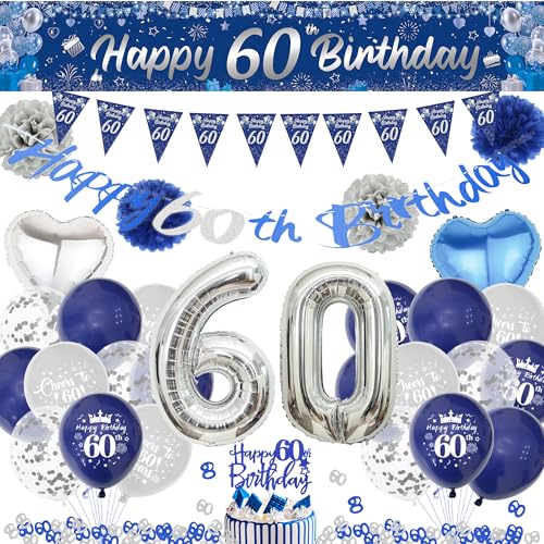 Deko 60. Geburtstag Mann Blau Silber - 60 Jahre Geburtstagsdeko Luftballons Happy Birthday Girlande Tortendeko, Lange Banner und Papier Pompom zum 60. Geburtstagsfeier Dekoration Deko 60. Geburtstag Mann Blau Silber - 60 Jahre Geburtstagsdeko Luftballons Happy Birthday Girlande Tortendeko, Lange Banner und Papier Pompom zum 60. Geburtstagsfeier Dekoration von Xietaea