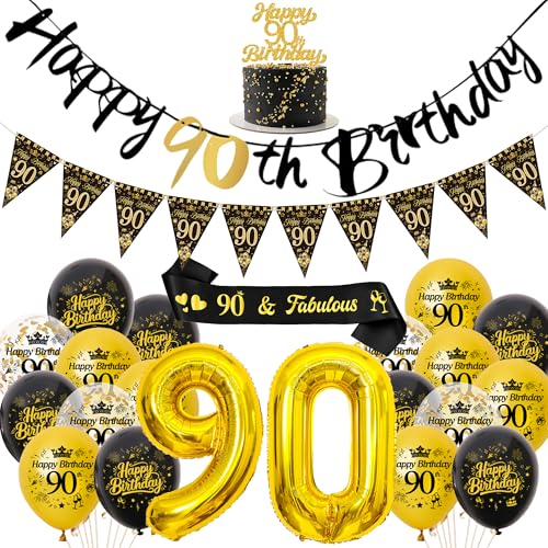 Deko 90. Geburtstag Frau Mann Luftballons - Schwarz Gold Happy Birthday Girlande Tortendeko und Schärpe, XXL Zahlenballon und Wimpel für 90 Geburtstagsfeier Dekoration Deko 90. Geburtstag Frau Mann Luftballons - Schwarz Gold Happy Birthday Girlande Tortendeko und Schärpe, XXL Zahlenballon und Wimpel für 90 Geburtstagsfeier Dekoration von Xietaea