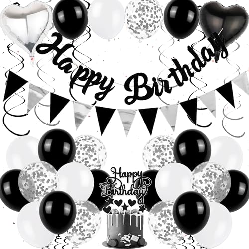 Deko Geburtstag Mann Schwarz Silber - Happy Birthday Girlande Tortendeko Luftballons und Hängende Wirbel, Glitzer Geburtstagsdeko Banner Herz Folienballon Cupcake Toppers für Junge Deko Geburtstag Mann Schwarz Silber - Happy Birthday Girlande Tortendeko Luftballons und Hängende Wirbel, Glitzer Geburtstagsdeko Banner Herz Folienballon Cupcake Toppers für Junge von Xietaea