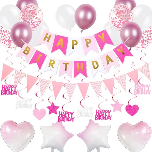 Deko Geburtstag Ballons Girlande Set - 61 Stück Geburtstagsdeko mit Happy Birthday Banner Luftballons Hängende Wirbel, Geburtstags Party Dekoration für Frauen Mädchen (Rosa) von Xietaea