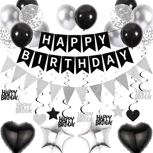 Deko Geburtstag Ballons Girlande Set - 61 Stück Geburtstagsdeko mit Happy Birthday Banner Luftballons Hängende Wirbel, Geburtstags Party Dekoration für Frauen Mann (Schwarz Silber) von Xietaea