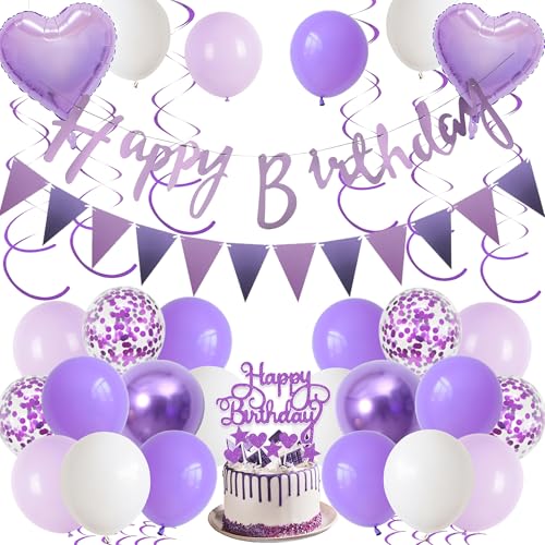 Deko Geburtstag Frau Mädchen Lila - Party Dekoration Happy Birthday Girlande Tortendeko und Luftballons, Glitzer Geburtstagsdeko Hängende Spiralen für Geburtstagsfeier von Xietaea