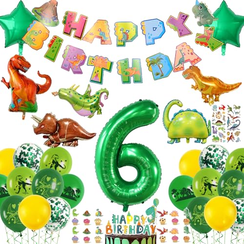 Dino Geburtstag Deko 6 Jahre - Dino Kindergeburtstag Dekoration Dinosaurier Happy Birthday Banner Girlande Tortendeko und Cupcake Topper, Luftballons 6. Geburtstag Grün, Dschungel Thema Party Junge Dino Geburtstag Deko 6 Jahre - Dino Kindergeburtstag Dekoration Dinosaurier Happy Birthday Banner Girlande Tortendeko und Cupcake Topper, Luftballons 6. Geburtstag Grün, Dschungel Thema Party Junge von Xietaea