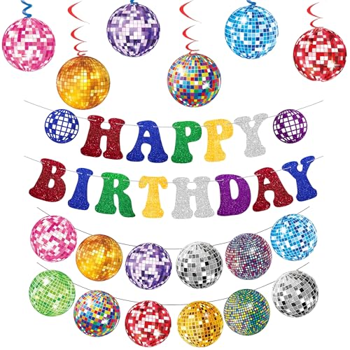 Disco Deko Geburtstag Girlande Set - 8 Stück Bunte Happy Birthday Banner und Discokugel Hängend Wirbel, Glitzer Spiralen für Geburtstagsdeko 70er 80er 90er Party Dekoration Disco Deko Geburtstag Girlande Set - 8 Stück Bunte Happy Birthday Banner und Discokugel Hängend Wirbel, Glitzer Spiralen für Geburtstagsdeko 70er 80er 90er Party Dekoration von Xietaea