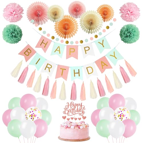 Geburtstag Deko Ballon Girlande für Mädchen - Pastell Rosa Grün Geburtstagsdeko Set mit Happy Birthday Banner Luftballon und Papierfächer, Party Dekoration für Kindergeburtstag Babyparty Geburtstag Deko Ballon Girlande für Mädchen - Pastell Rosa Grün Geburtstagsdeko Set mit Happy Birthday Banner Luftballon und Papierfächer, Party Dekoration für Kindergeburtstag Babyparty von Xietaea