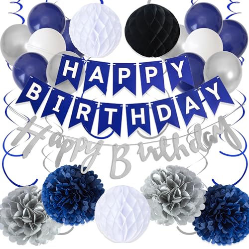 Geburtstag Deko Girlande Ballons Set - Blau Silber Dekoration Happy Birthday Banner Luftballons und Spiralen, Papier Pompons Wabenbälle für Mann Jungen Geburtstagsdeko Geburtstag Deko Girlande Ballons Set - Blau Silber Dekoration Happy Birthday Banner Luftballons und Spiralen, Papier Pompons Wabenbälle für Mann Jungen Geburtstagsdeko von Xietaea