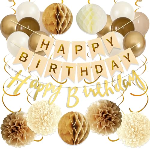 Geburtstag Deko Girlande Ballons Set - Boho Geburtstagsdeko Happy Birthday Banner Luftballons und Spiralen, Papier Pompons Wabenbälle für Geburtstagsfeier Dekoration von Xietaea
