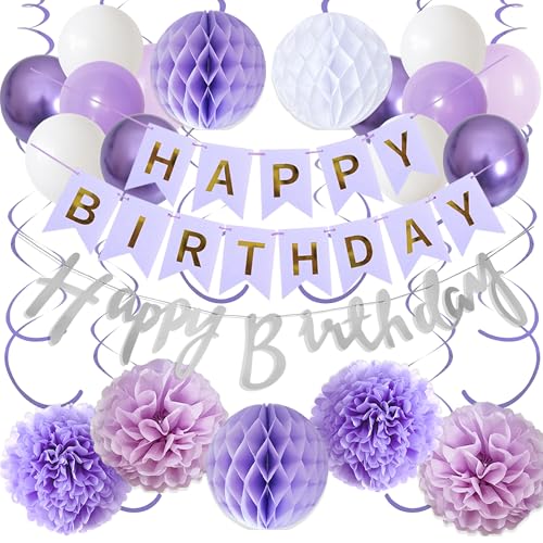 Geburtstag Deko Girlande Ballons Set - Lila Geburtstagsdeko Happy Birthday Banner Luftballons und Spiralen, Papier Pompons Wabenbälle für Frauen Mädchen Geburtstagsfeier Geburtstag Deko Girlande Ballons Set - Lila Geburtstagsdeko Happy Birthday Banner Luftballons und Spiralen, Papier Pompons Wabenbälle für Frauen Mädchen Geburtstagsfeier von Xietaea