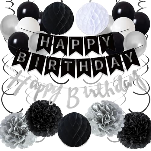 Geburtstag Deko Girlande Ballons Set - Schwarz Silber Dekoration Happy Birthday Banner Luftballons und Spiralen, Papier Pompons Wabenbälle für Mann Jungen Geburtstagsdeko Geburtstag Deko Girlande Ballons Set - Schwarz Silber Dekoration Happy Birthday Banner Luftballons und Spiralen, Papier Pompons Wabenbälle für Mann Jungen Geburtstagsdeko von Xietaea