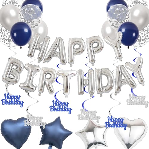 Luftballons Geburtstag Deko Mann Junge - Geburtstagsdeko Happy Birthday Ballon und Hängende Wirbel, Geburtstags Party Dekorationen Stern Herz Folienballon (Blau Silber) Luftballons Geburtstag Deko Mann Junge - Geburtstagsdeko Happy Birthday Ballon und Hängende Wirbel, Geburtstags Party Dekorationen Stern Herz Folienballon (Blau Silber) von Xietaea
