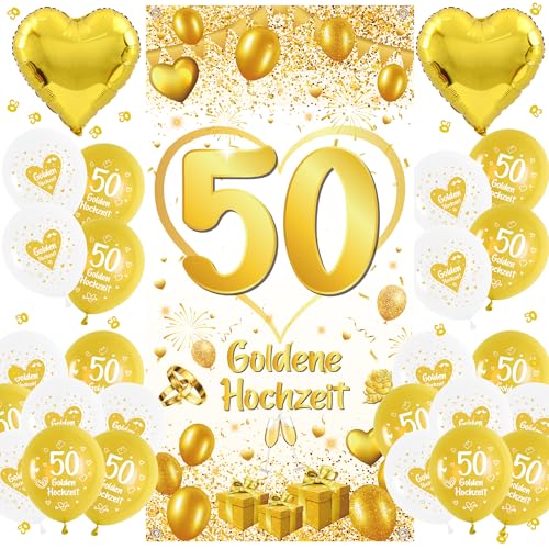 Goldene Hochzeit Deko Banner Set - 50 Hochzeitstag DekorationBallons und Große Hintergrund, Gold und Weiß Luftballons Innen Draußen Partydeko Goldene Hochzeit Deko Banner Set - 50 Hochzeitstag DekorationBallons und Große Hintergrund, Gold und Weiß Luftballons Innen Draußen Partydeko von Xietaea