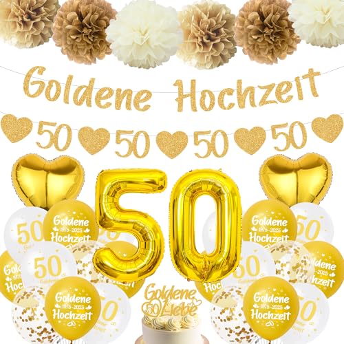 Goldene Hochzeit Deko Luftballons Girlande - Gold 50 Hochzeitstag Dekoration Banner Ballons und Tortendeko, Riesen Zahlenballon Papier Pompons für 50. Jubiläum Partydeko von Xietaea