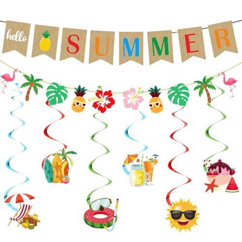 Hawaii Party Deko Girlande Set - 8 Stück Tropische Dekoration Flamingo Ananas Banner und Hängende Wirbel, Bunt Hängendeko für Strand Beach Sommerparty Tiki Gartenparty von Xietaea