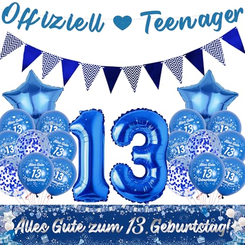 Offiziell Teenager 13. Geburtstag Deko Ballons - 13 Geburtstagsdeko Luftballons Girlande und Stoff Banner, XXL Zahlenballon und Wimpel für 13. Geburtstagsfeier Dekoration (Blau) von Xietaea