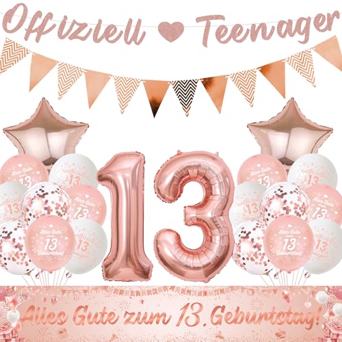 Offiziell Teenager 13. Geburtstag Deko Ballons - 13 Geburtstagsdeko Luftballons Girlande und Stoff Banner, XXL Zahlenballon und Wimpel für 13. Geburtstagsfeier Dekoration (Rosegold) von Xietaea