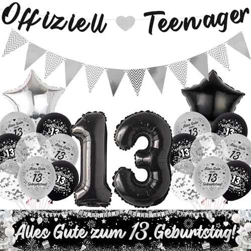 Offiziell Teenager 13. Geburtstag Deko Ballons - 13 Geburtstagsdeko Luftballons Girlande und Stoff Banner, XXL Zahlenballon und Wimpel für 13. Geburtstagsfeier Dekoration (Schwarz) von Xietaea