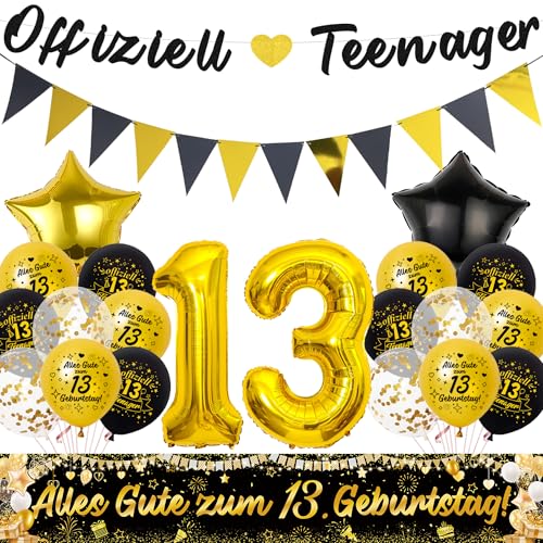 Offiziell Teenager 13. Geburtstag Deko Ballons - 13 Geburtstagsdeko Luftballons Girlande und Stoff Banner, XXL Zahlenballon und Wimpel für 13. Geburtstagsfeier Dekoration (Schwarz Gold) von Xietaea