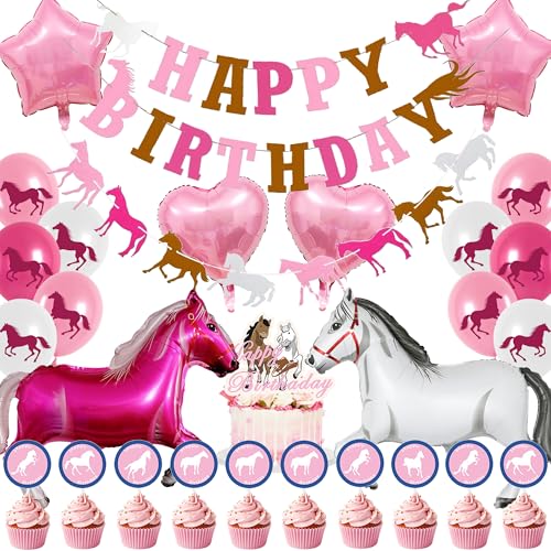 Rosa Pferde Geburtstagsdeko Luftballon Mädchen - Pferd Folienballon Happy Birthday Banner Girlande Tortendeko Set, Western Cowgirl Geburtstagsparty Zubehör, Pferde Party Deko Kindergeburtstag Rosa Pferde Geburtstagsdeko Luftballon Mädchen - Pferd Folienballon Happy Birthday Banner Girlande Tortendeko Set, Western Cowgirl Geburtstagsparty Zubehör, Pferde Party Deko Kindergeburtstag von Xietaea