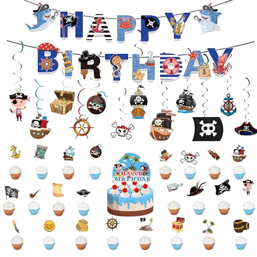 Piraten Deko Kindergeburtstag Girlande Set - Pirate Party Dekoration mit Happy Birthday Banner Tortendeko und Hängende Wirbel, Papier Dekorationen für Geburtstag Pirat Mottoparty Piraten Deko Kindergeburtstag Girlande Set - Pirate Party Dekoration mit Happy Birthday Banner Tortendeko und Hängende Wirbel, Papier Dekorationen für Geburtstag Pirat Mottoparty von Xietaea