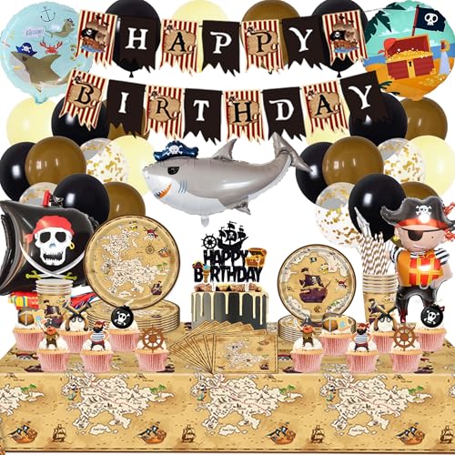 Piraten Deko Kindergeburtstag Partygeschirr Set - Pirate Geschirr Pappteller Becher Servietten Strohhalme, Piratenschiff Folienballon und Happy Birthday Girlande für Geburtstagsdeko (Braun) von Xietaea