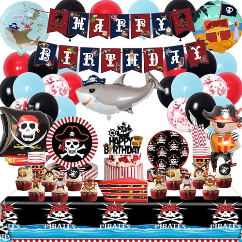 Piraten Deko Kindergeburtstag Partygeschirr Set - Pirate Geschirr Pappteller Becher Servietten Strohhalme, Piratenschiff Folienballon und Happy Birthday Girlande für Geburtstagsdeko Piraten Deko Kindergeburtstag Partygeschirr Set - Pirate Geschirr Pappteller Becher Servietten Strohhalme, Piratenschiff Folienballon und Happy Birthday Girlande für Geburtstagsdeko von Xietaea