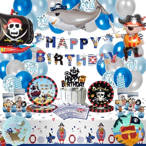 Piraten Partygeschirr Set Deko Kindergeburtstag - Pirate Geschirr Pappteller Becher Servietten Strohhalme, Piratenschiff Folienballon und Happy Birthday Girlande für Geburtstagsdeko Piraten Partygeschirr Set Deko Kindergeburtstag - Pirate Geschirr Pappteller Becher Servietten Strohhalme, Piratenschiff Folienballon und Happy Birthday Girlande für Geburtstagsdeko von Xietaea