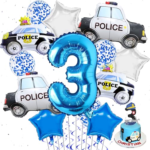 Polizei Geburtstag Deko 3 Jahre - 16 Stück Polizei Luftballon XXL Polizeiauto Folienballon Konfetti Ballon Sternballon und Tortendeko, Polizei Party Dekoration Kindergeburtstag für Jungen Mädchen von Xietaea