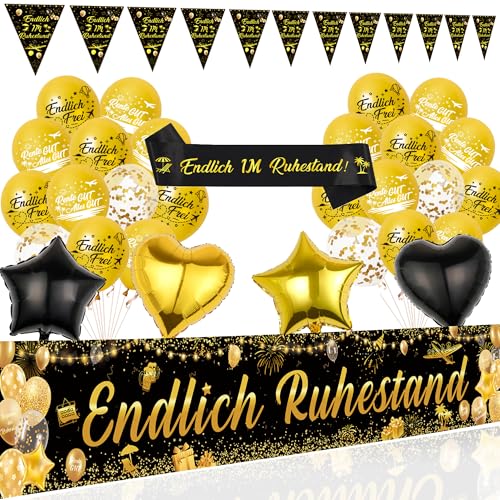 Rente Deko Luftballons Girlande Set - 40 Stück Renten Party Dekorationen Endlich Ruhestand Banner Ballons Wimpel, Rentner Schärpe und Folienballon für abschiedsfeier Dekoration (Schwarz Gold) von Xietaea