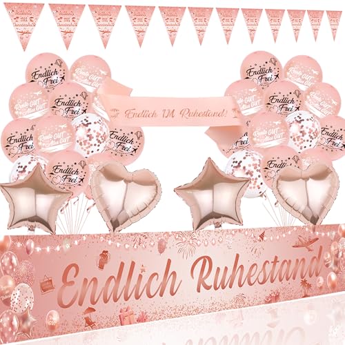 Rente Deko Luftballons Girlande Set - 40 Stück Renten Party Dekorationen Endlich Ruhestand Banner Ballons Wimpel, Rentnerin Schärpe und Folienballon für abschiedsfeier Dekoration (Rosegold) von Xietaea