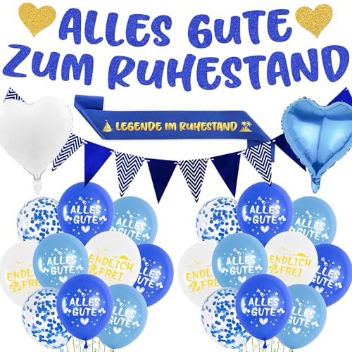 Rente Deko Set Renter Party Dekoration mit Alles Gute zum Ruhestand Banner Luftballons, Schärpe und Glitzer Wimpeln für Abschiedsfeier Renteneintritt Dekorationen (Blau Gold) von Xietaea