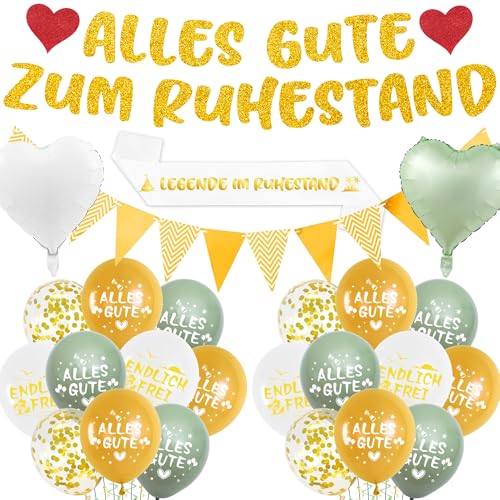 Rente Deko Set Renter Party Dekoration mit Alles Gute zum Ruhestand Banner Luftballons, Schärpe und Glitzer Wimpeln für Abschiedsfeier Renteneintritt Dekorationen (Grün Gold) von Xietaea