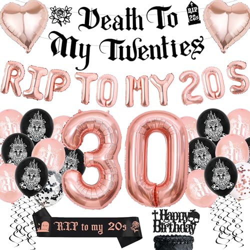 Rip 20s Deko 30. Geburtstag Ballons - Rosegold Schwarz Luftballons Death to My Twenties Girlande Schärpe, Tortendeko und Folienballon für 30 Jahre Geburtstagsdeko Frauen Mann (Rosegold) von Xietaea