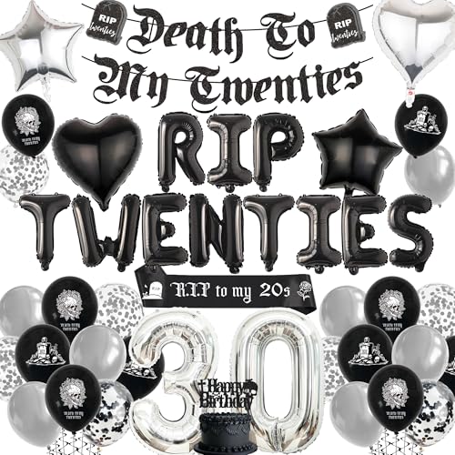 Rip 20s Deko 30. Geburtstag Ballons - Schwarz Silber Luftballons Death to My Twenties Girlande Schärpe, Tortendeko und Folienballon für 30 Jahre Geburtstagsdeko Frauen Mann Rip 20s Deko 30. Geburtstag Ballons - Schwarz Silber Luftballons Death to My Twenties Girlande Schärpe, Tortendeko und Folienballon für 30 Jahre Geburtstagsdeko Frauen Mann von Xietaea