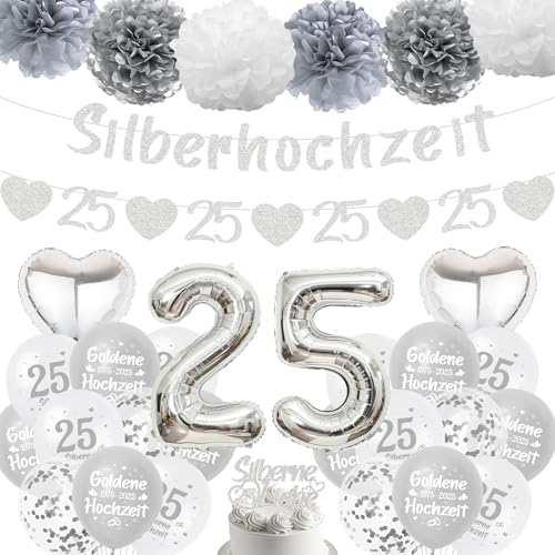 Silberhochezit Deko Luftballons Girlande Set - Silber 25 Hochzeitstag Dekoration Banner Ballons und Tortendeko, Riesen Zahlenballon Papier Pompons für 25. Jubiläum Partydeko von Xietaea