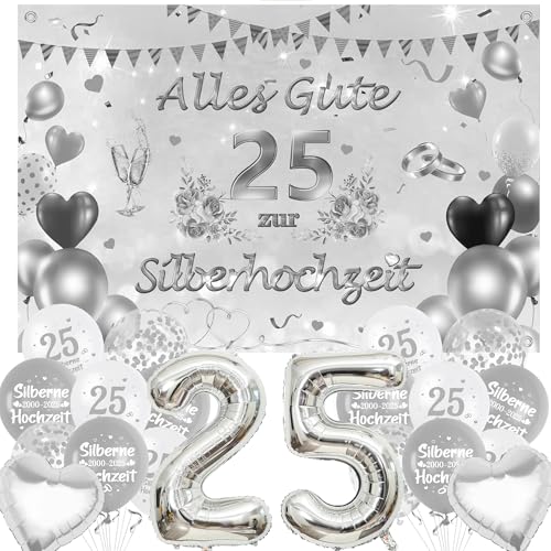 Silberhochzeit Deko Banner Luftballons Set - Silber Hochzeitstag Dekoration mit Hintergrund Ballons Zahl 25 Folienballon, 25. Jubiläum Silberne Hochzeit Party Dekorationen Silberhochzeit Deko Banner Luftballons Set - Silber Hochzeitstag Dekoration mit Hintergrund Ballons Zahl 25 Folienballon, 25. Jubiläum Silberne Hochzeit Party Dekorationen von Xietaea