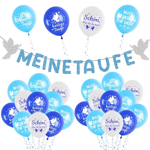 25 Stück Taufe Deko Junge Luftballons Set - Konfirmation Dekoration Ballons und Meine Taufe Banner, Weiß Blau Luftballon (12 Zoll) für Kommunion Erstkommunion Baby Shower Babyparty von Xietaea
